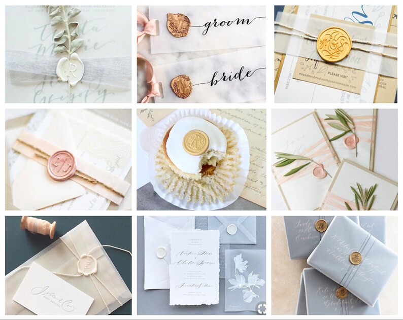 May include: A collection of wedding stationery elements, including invitations, place cards, and gift wrapping. The designs feature elegant calligraphy, wax seals, and botanical accents in soft, neutral colors like white, beige, and gray.