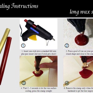 Puede incluir: Instrucciones para sellar con una barra de cera larga. La imagen muestra dos barras de cera, una pistola de pegamento caliente y una gu&iacute;a paso a paso para sellar con cera.