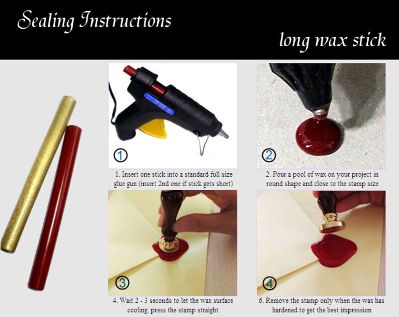 Puede incluir: Instrucciones para sellar con una barra de cera larga. La imagen muestra dos barras de cera, una pistola de pegamento caliente y una gu&iacute;a paso a paso para sellar con cera.