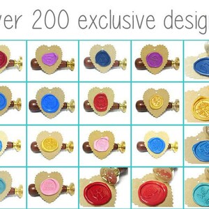 May include: A collage of 20 different wax seal designs, each with a unique pattern and color. The designs are displayed on a white background with a heart-shaped wax seal, a round wax seal, and a tag-shaped wax seal. The text "Over 200 exclusive designs" is displayed at the top of the image.