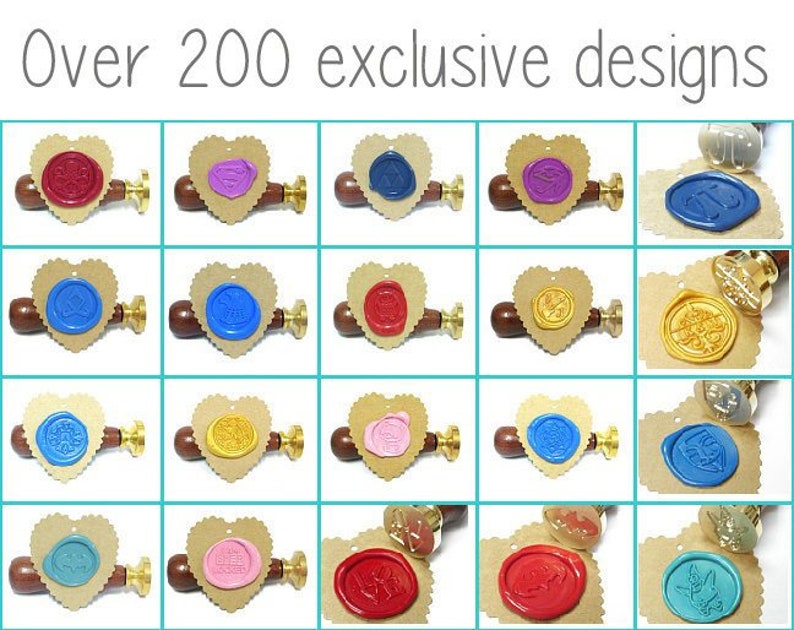 May include: A collage of 20 different wax seal designs, each with a unique pattern and color. The designs are displayed on a white background with a heart-shaped wax seal, a round wax seal, and a tag-shaped wax seal. The text "Over 200 exclusive designs" is displayed at the top of the image.