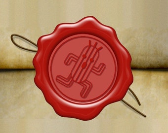 Puede incluir: Un sello de cera rojo con un diseño de cactus estilizado, con una cuerda marrón. El sello se encuentra sobre un fondo similar a un pergamino, creando una estética vintage. El cactus tiene brazos y piernas.