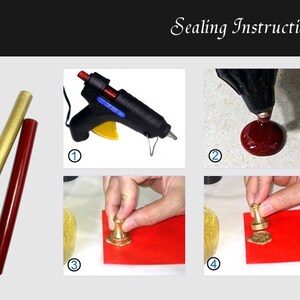 May include: Image showing sealing instructions. Includes a gold and a red sealing wax stick, a black glue gun, and steps for creating a wax seal. The steps show the glue gun dispensing wax, pressing a seal, and the finished product.