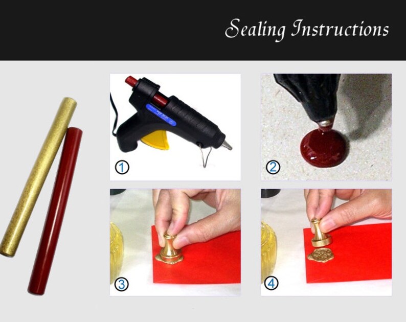 May include: Image showing sealing instructions. Includes a gold and a red sealing wax stick, a black glue gun, and steps for creating a wax seal. The steps show the glue gun dispensing wax, pressing a seal, and the finished product.