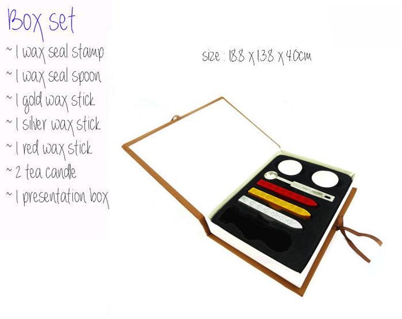 May include: A brown box set for sealing wax, containing a wax seal stamp, a wax seal spoon, a gold wax stick, a silver wax stick, a red wax stick, two tea candles, and a presentation box. The box is open and the contents are visible. The box measures 18.8 x 13.8 x 4.0 inches.
