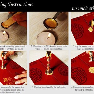 Puede incluir: Una gu&iacute;a de seis pasos sobre c&oacute;mo usar un sello de lacre. Los pasos se ilustran con fotos de una persona sellando un sobre rojo con un sello de lacre dorado. El texto de la imagen dice "Instrucciones de sellado" y "sin mecha".