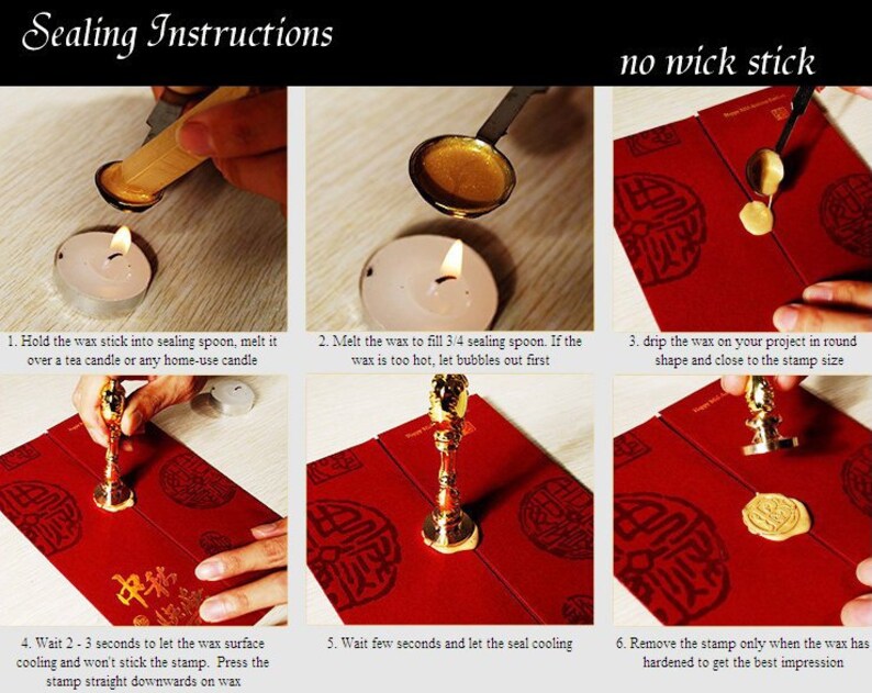 Puede incluir: Una gu&iacute;a de seis pasos sobre c&oacute;mo usar un sello de lacre. Los pasos se ilustran con fotos de una persona sellando un sobre rojo con un sello de lacre dorado. El texto de la imagen dice "Instrucciones de sellado" y "sin mecha".