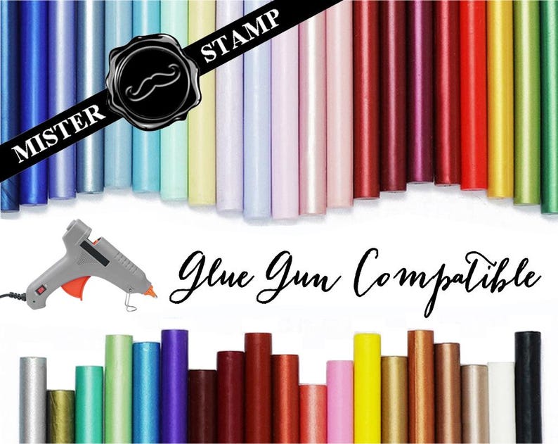 May include: Assortment of colorful wax sticks for sealing envelopes and letters. The wax sticks are compatible with glue guns. The image also includes a glue gun and a stamp with the text "Mister Stamp".