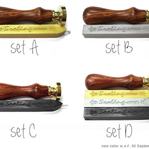 Puede incluir: Cuatro juegos de lacre y mangos de sello de madera. Cada juego incluye tres barras de lacre en oro, plata y negro. Los mangos de madera son de color marr&oacute;n rojizo oscuro. El texto "Sealing wax" est&aacute; impreso en las barras de lacre.