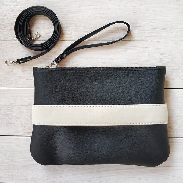 Vegan leather clutch purse Black clutch bag with handle Crossbody purse Evening clutch purse Mini handbag Black and white wristlet purse