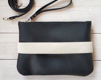 Vegan leather clutch purse Black clutch bag with handle Crossbody purse Evening clutch purse Mini handbag Black and white wristlet purse