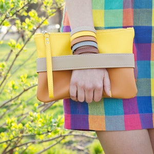 Yellow clutch bag with handle Vegan purse crossbody Vegan leather wristlet clutch Zipper clutch purse Colorful small handbag women image 2