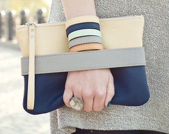 Vegan leather clutch with hand strap Navy blue clutch bag Evening wristlet purse for phone Minimalist purse