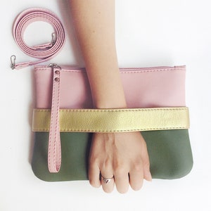 Vegan leather clutch bag Crossbody purse Evening clutch Vegan gift for women Small vegan purse Green clutch hand strap Blush pink purse image 1