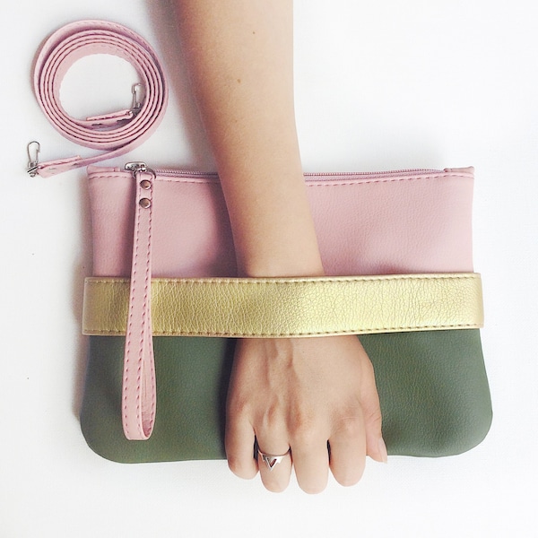 Vegan leather clutch bag Crossbody purse Evening clutch Vegan gift for women Small vegan purse Green clutch hand strap Blush pink purse