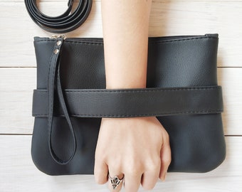 Black clutch purse crossbody Vegan leather clutch bag Evening clutch with hand strap Vegan gift for women Black crossbody bag Small handbag