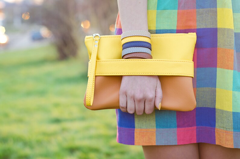 Yellow clutch bag with handle Vegan purse crossbody Vegan leather wristlet clutch Zipper clutch purse Colorful small handbag women image 4