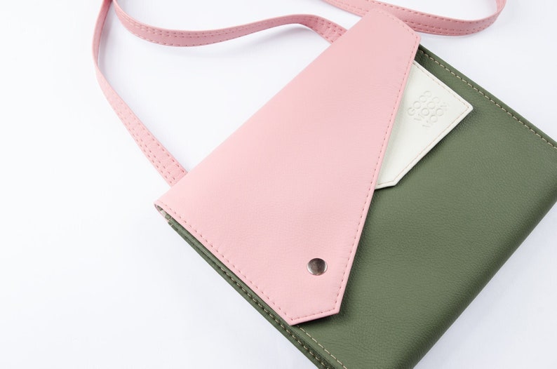 Small crossbody bag Vegan purse crossbody Vegan leather bag Pink and green purse Vegan crossbody bag women Colorblock handbag Handmade image 1