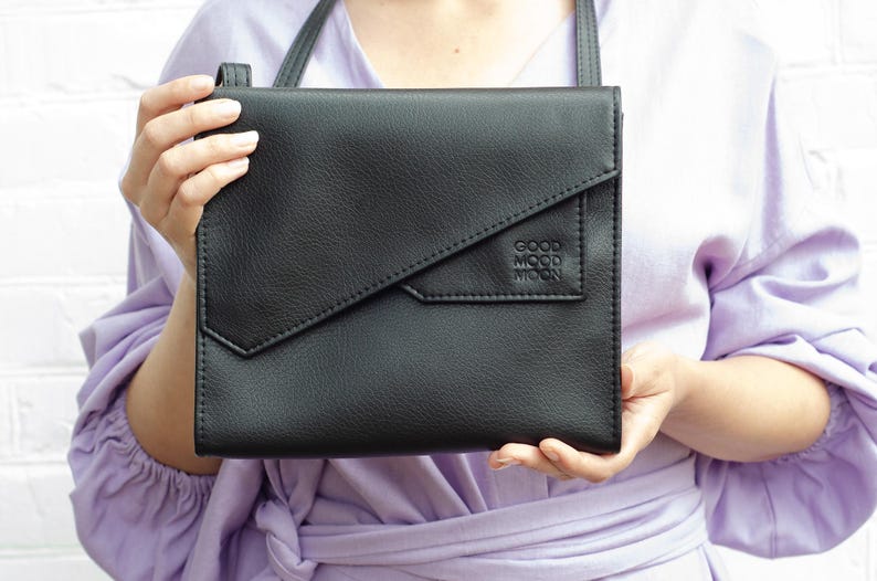 Small crossbody bag Vegan leather bag women Yellow crossbody purse Geometric purse with flap Black