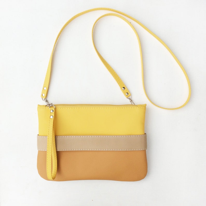 Yellow clutch bag with handle Vegan purse crossbody Vegan leather wristlet clutch Zipper clutch purse Colorful small handbag women image 3