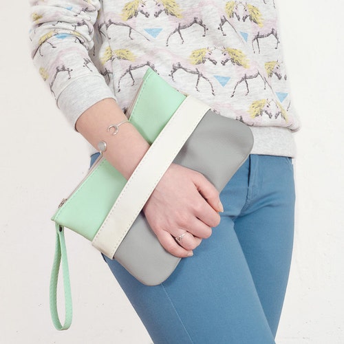 Vegan Clutch Bag Mint Crossbody Purse Vegan Handbag Gray Etsy