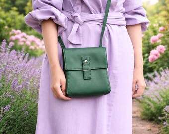 Forest green small crossbody bag Nature inspired vegan leather purse
