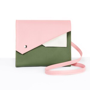 Small crossbody bag Vegan purse crossbody Vegan leather bag Pink and green purse Vegan crossbody bag women Colorblock handbag Handmade image 8