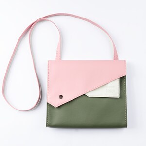 Small crossbody bag Vegan purse crossbody Vegan leather bag Pink and green purse Vegan crossbody bag women Colorblock handbag Handmade image 2