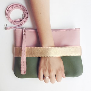 Vegan leather clutch bag Crossbody purse Evening clutch Vegan gift for women Small vegan purse Green clutch hand strap Blush pink purse