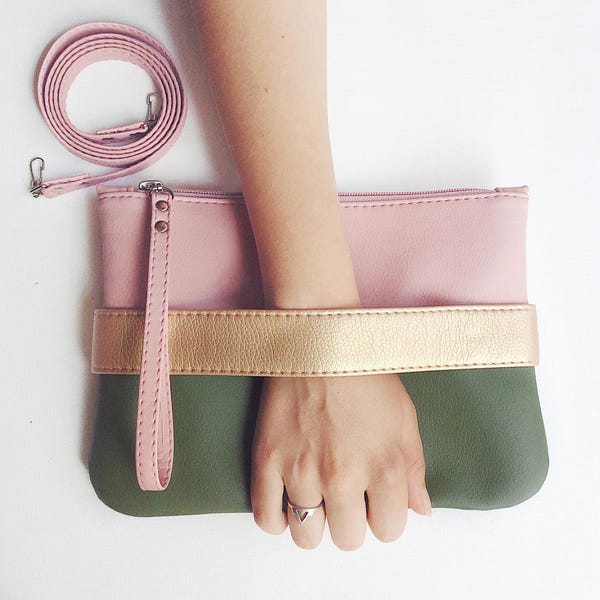 Pink and green purse Vegan leather clutch bag Desert chic evening bag Boho glam wedding guest purse