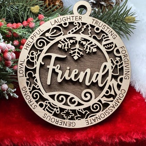 Ornament friend friends laser cut wood Christmas gift holiday