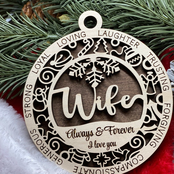 Ornament custom Wife name year or personalized message hubby spouse laser cut wood Christmas gift holiday