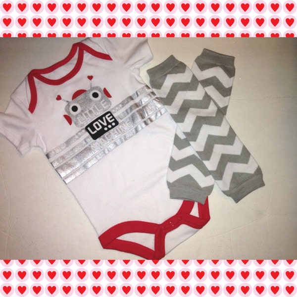 Baby Boy Valentine's Day onesie leg warmers 12 months toddler robot love white red grey gray outfit