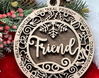 Ornament Friend personalized name message around the outer circle custom laser cut wood Christmas gift holiday