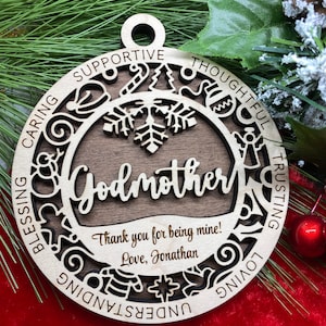 Ornament Godmother god mother custom name message personalized laser cut wood Christmas gift holiday