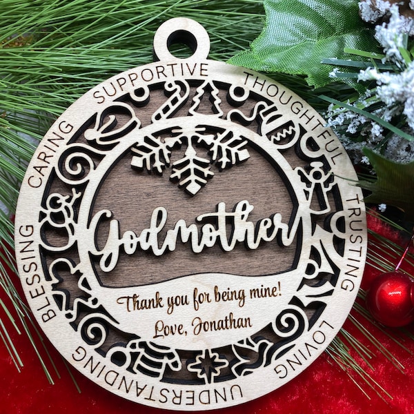 Ornament Godmother god mother custom name message personalized laser cut wood Christmas gift holiday