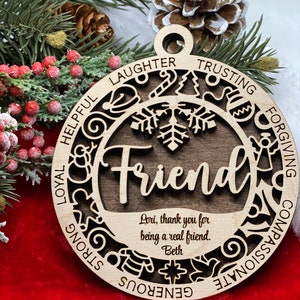Ornament custom friend name or personalized message laser cut wood Christmas gift holiday