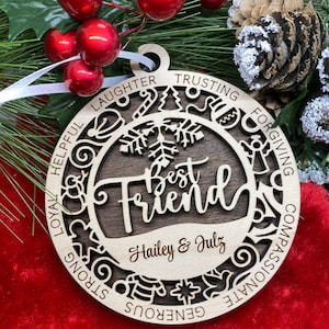 Ornament best friend name custom personalized laser cut wood Christmas gift holiday