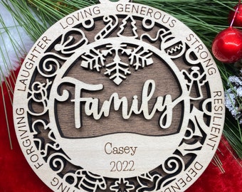 Ornament Family personalized names year laser cut wood Christmas gift holiday