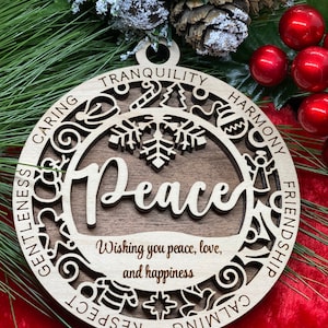 Ornament custom PEACE name year or personalized message laser cut wood Christmas gift holiday