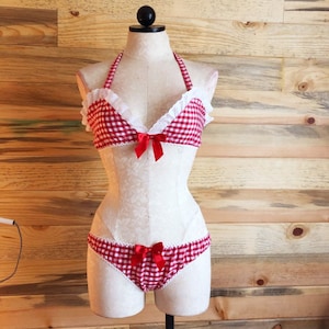 Two Sided Red-white Gingham Bra for Women and Girls. Open Back