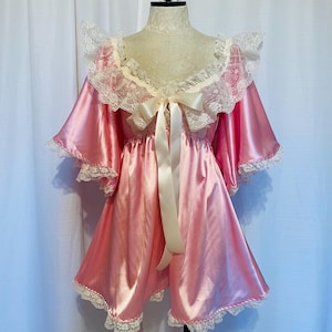 The Belita Babydoll- pink retro off the shoulder satin flowy babydoll with ruffled lace