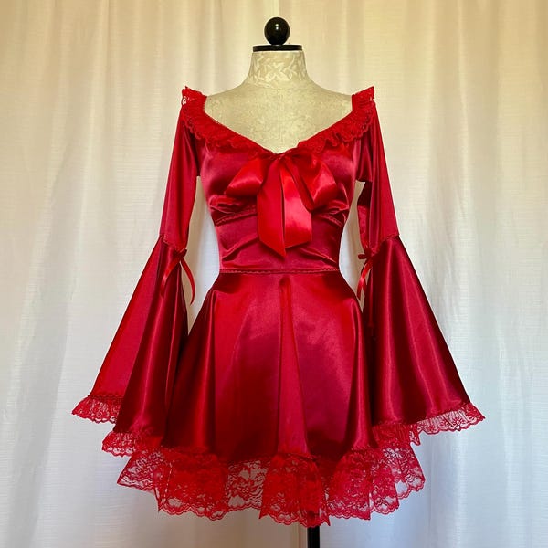 The Eliza Dress- Vintage Inspired Satin Babydoll Dress: Bell Sleeves, Ruffled Lace