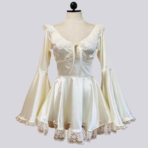 Deidre Dress- cream stretch satin bell sleeved and ruffled lace mini dress