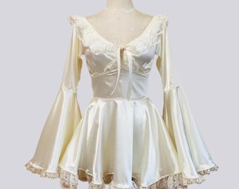 Deidre Dress- cream stretch satin bell sleeved and ruffled lace mini dress