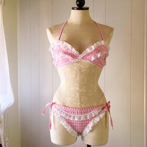 Marianne Bikini- pink gingham retro cotton ruffled bikini