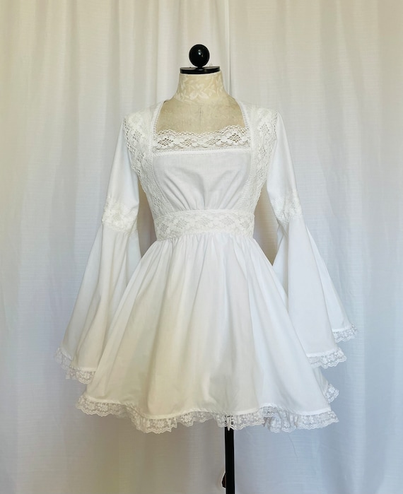 The Aurelie Dress in White- Bell Sleeve Cotton and Lace 70s Babydoll - Etsy  UK