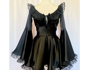 The Deidre Dress in Black- Satin bell sleeved lace mini dress