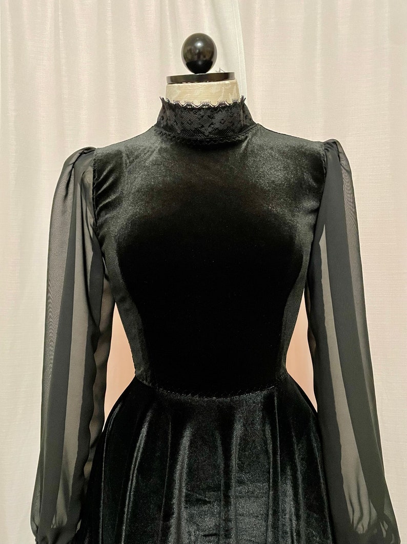 May include: A black velvet dress with sheer long sleeves and a high neck. The dress has a fitted bodice and a full skirt.