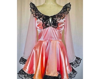 The Penelope Dress in Pink Satin with black lace